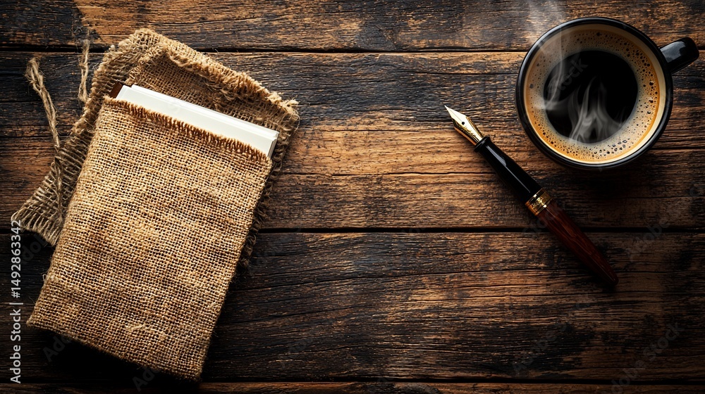 Fototapeta premium Rustic writing workspace with coffee and notebook
