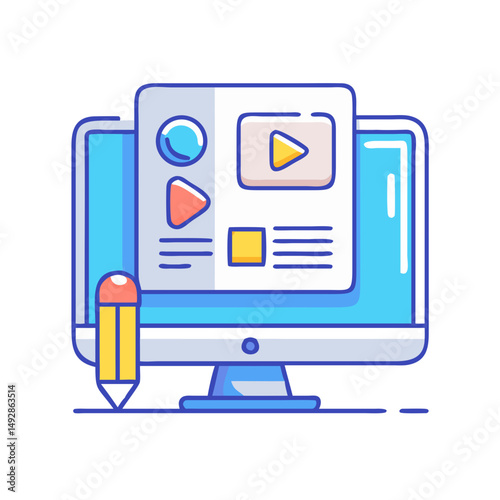 Desktop computer with website builder illustration against black backdrop