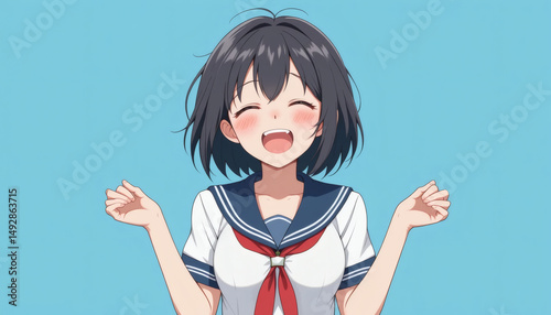 happy young woman, student, blue background