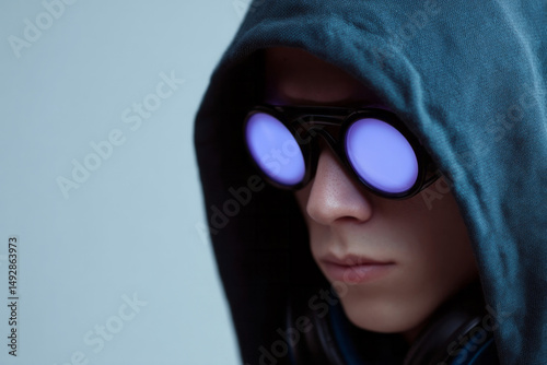 In shadowy neon glow, a mysterious figure in luminous goggles conjures cyber solstice vibes and futuristic fashion intrigue