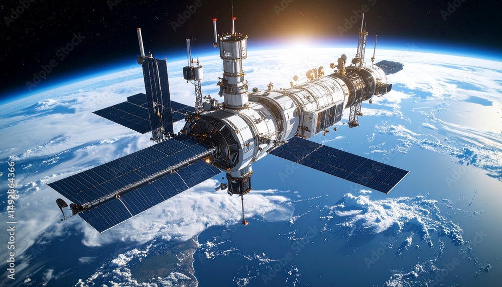 Obraz premium futuristic space elevator structure viewed from orbit above earth during daytime showcasing advanced engineering and design