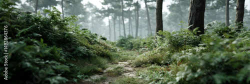 Tranquil forest path with verdant ferns, whisper of Midsummer narratives, mystical woodland meditation, hidden sylvan corners
