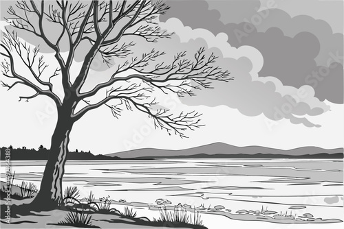 61 wintry lake landscape, lone tree in lake, dramatic cloudy sky, mountains in background, black and white, sketch photo effect