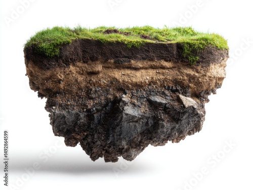 Floating soil block showing layers of earth with grass on top studio shot on white