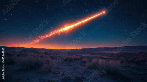 Meteor blaze trailing through night sky over expansive desert landscape 