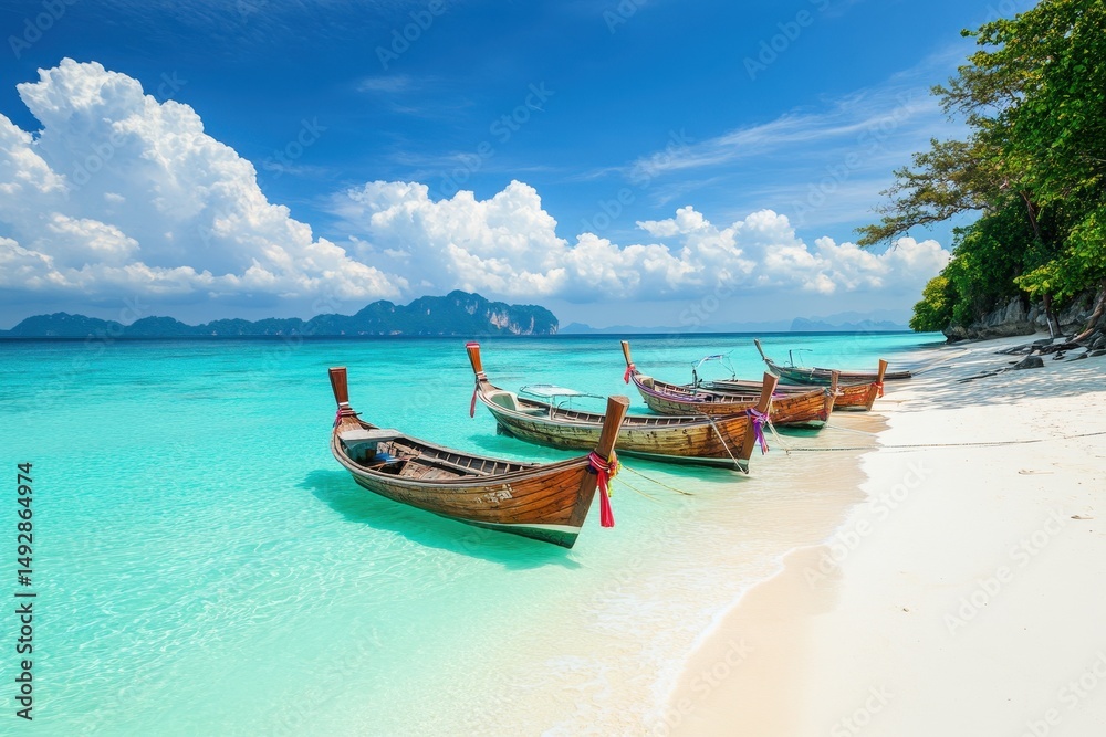 Obraz premium Peaceful tropical island escape with traditional boats in Thailand, Holiday journey to tropical island in Thailand Boats on white sand beach