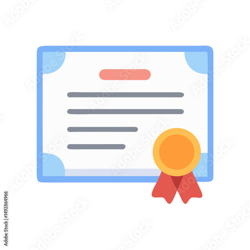 Flat style certificate illustration with gold seal and ribbon