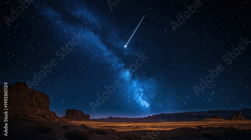Meteor blaze trailing through night sky over expansive desert landscape 