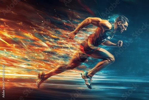 Dynamic athlete sprinting forward at high speed showcasing determination and energy during a competition, Dynamic Athlete in Full MotionSpeed and Determination