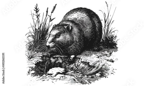 Vintage Burrowing Mammal Illustration, Antique Engraving of Mole Digging, Retro Wildlife Art in Monochrome, Hand-drawn Nature Sketch, Etching Style Forest Creature
