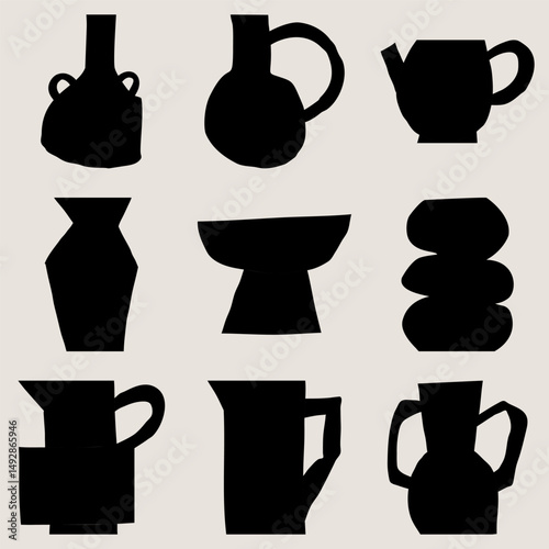 Modern art cutout minimalist design black vases silhouettes on a beige background in a flat style. Vector seamless pattern