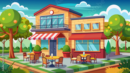 Cartoon café with outdoor seating, colorful trees, and sunny sky in cheerful urban park setting