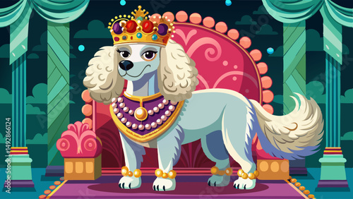 Cartoon royal poodle wearing crown and jewels standing proudly in front of ornate throne in palace setting
