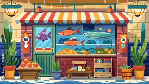 Colorful cartoon fish shop exterior with striped awning, display window full of fresh seafood, and decorative plants around the storefront