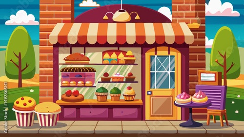 Cartoon bakery storefront with striped awning, glass display of pastries and cupcakes, and cheerful outdoor setting