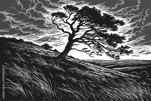 62 a dramatic black and white landscape, a lone tree standing on a windswept hill, dramatic flowing grass and sky, cinematic lighting, highly detailed, intricate, atmospheric, moody, dramatic, landsca