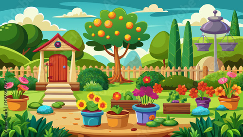 Cartoon garden with colorful flowers in pots, an orange tree, a small house with red door, and green hills in the background under a blue sky