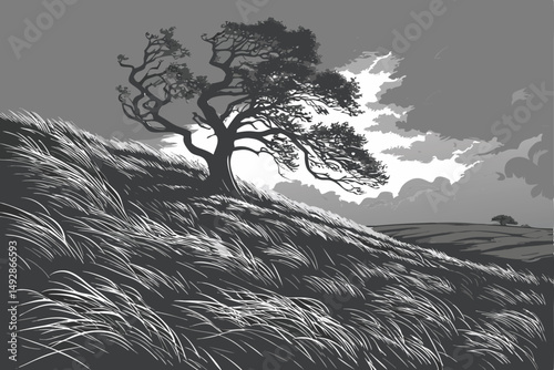 62 a dramatic black and white landscape, a lone tree standing on a windswept hill, dramatic flowing grass and sky, cinematic lighting, highly detailed, intricate, atmospheric, moody, dramatic, landsca