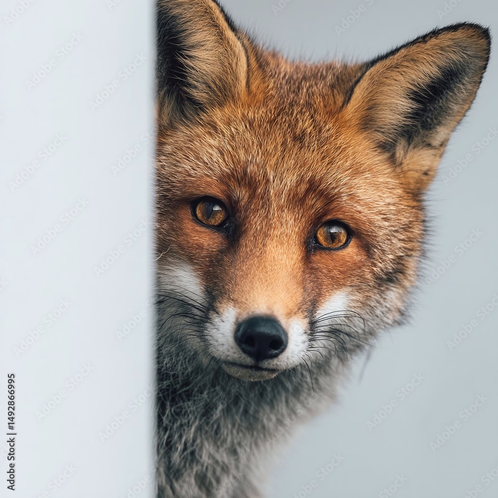 Fototapeta premium Close-up of a curious fox peering around a white wall, showcasing its vibrant fur and expressive eyes