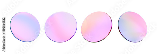 Glass round color lens transparent. 3d gradient holographic disk icon. Light circle badge element. Abstract disc, lens, button, badge, podium, frame flying gradation texture. Vector 3d illustration