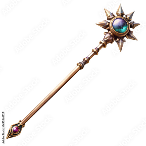 Ornate Ceremonial Staff with Gemstone Inlay isolated on transparent background
