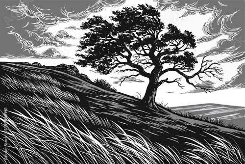 62 a dramatic black and white landscape, a lone tree standing on a windswept hill, dramatic flowing grass and sky, cinematic lighting, highly detailed, intricate, atmospheric, moody, dramatic, landsca