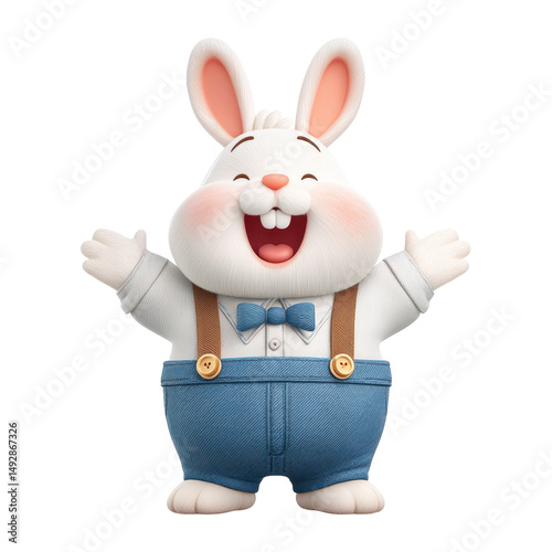 Adorable 3d albino rabbit dressed in overalls and a blue bow tie bringing joy with its playful and charming appearance