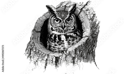 Antique Owl Line Art in Tree Hollow, Vintage Animal Illustration, Retro Nature Sketch, Rustic Engraving Style, Forest Bird Etching, wildlife pencil drawing