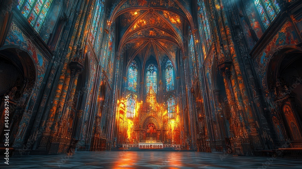 Fototapeta premium Grand cathedral interior, stained glass, ornate