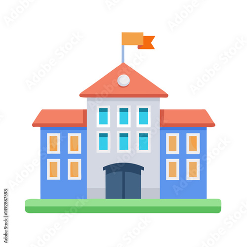 Flat Design School Building with Orange Flag Illustration