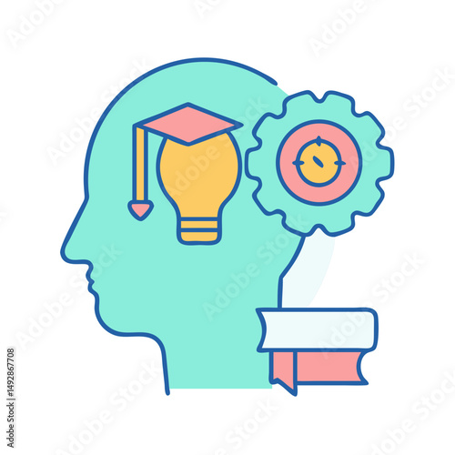 Head outline with graduation cap and clockwork symbol