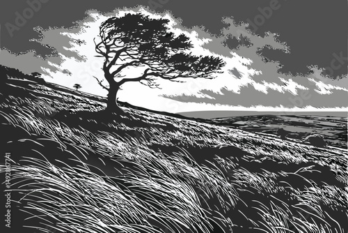 62 a dramatic black and white landscape, a lone tree standing on a windswept hill, dramatic flowing grass and sky, cinematic lighting, highly detailed, intricate, atmospheric, moody, dramatic, landsca