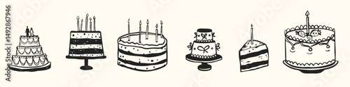 Cake Cream birthday wedding doodle hand drawn whimsical style collection. Candles, bow, ribbon romantic pastry bakery collection sketches.