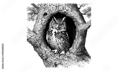 Vintage Owl Engraving in Hollow Tree, Rustic Animal Drawing, Monochrome Line Art, Retro Fauna Print, Detailed Nature Etching, Forest Bird Illustration, antique wildlife print
