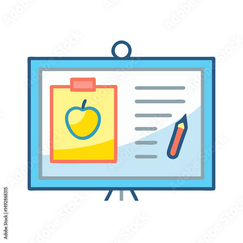 Presentation board showcasing apple illustration and list with pencil