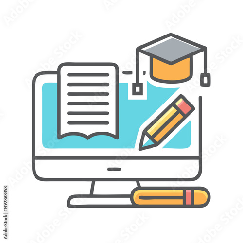 Digital education icon with computer, pencil and graduation cap