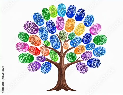 abstract impression of volunteering colorful fingerprints forming a tree representing growth and unity in a community on a canvas painted with acrylics