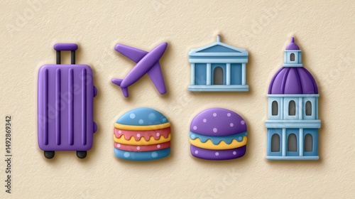 Vibrant collection of stylized travel icons showcasing a purple suitcase an airplane delicious looking macarons and notable architectural landmarks symbolizing adventure exploration and culinary