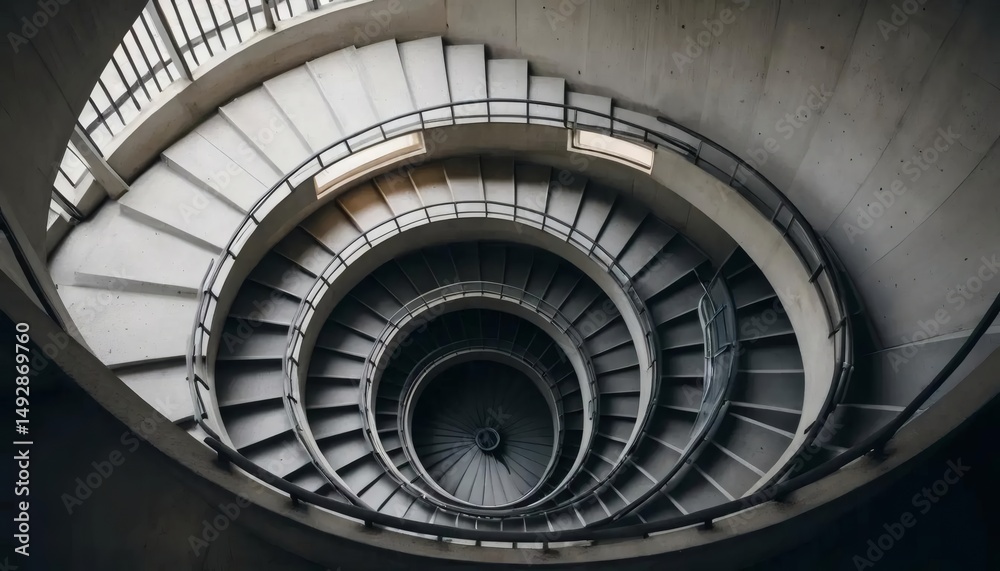 Obraz premium The old church building features a spiral staircase with metal railing, its circular steps curving abstractly in the interior architecture