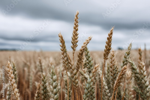 Golden wheat stalks under stormy skies evoke rustic harvest tales and Lammas festival vibes, celebrating agrarian cycles