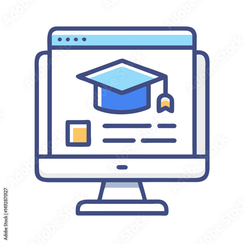 Online education concept featuring a mortarboard on a computer screen