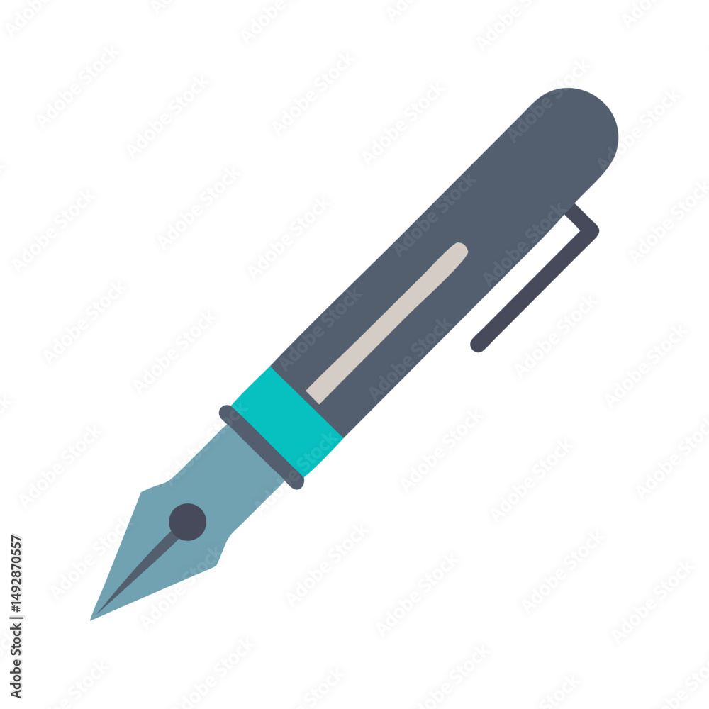 Flat illustration of a blue fountain pen on White