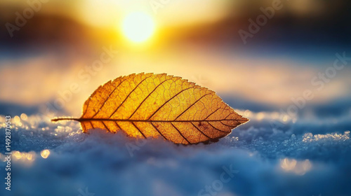 Beautiful yellow leaf on snow in winter with sunset light.