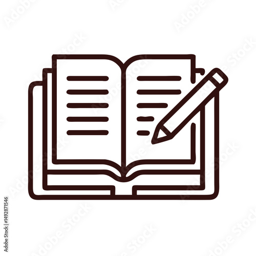 Open book with pencil simple outline on White Background