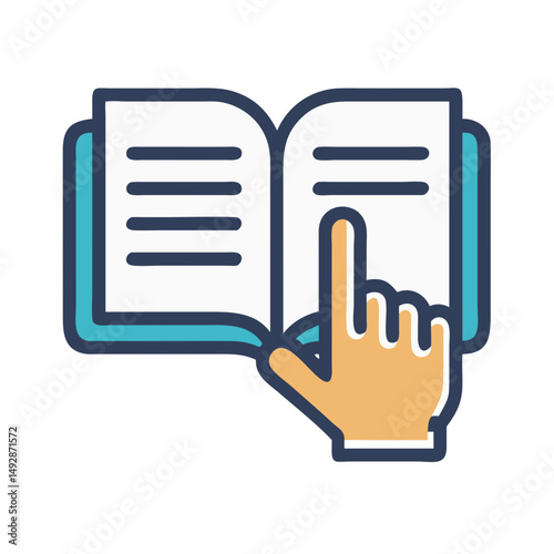 Open book with hand pointing vector design illustration