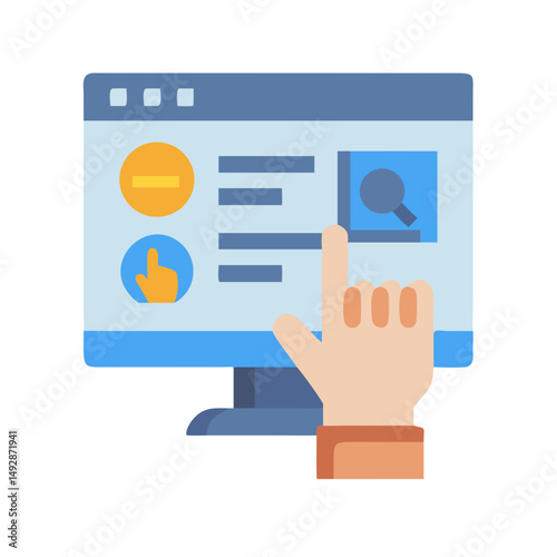 Hand clicking on computer screen in flat design style