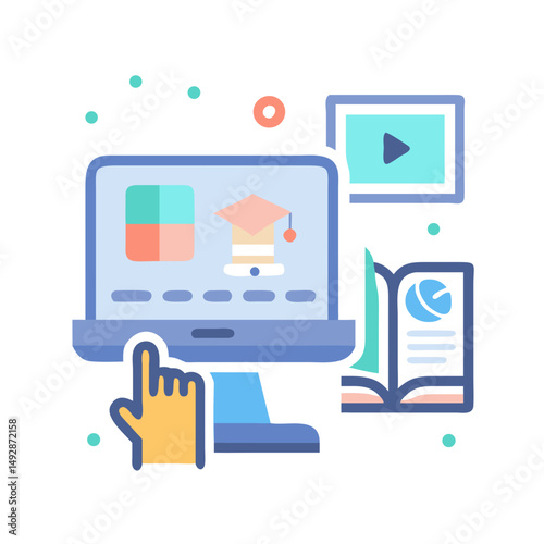 Online learning and education illustration with computer and graduation cap