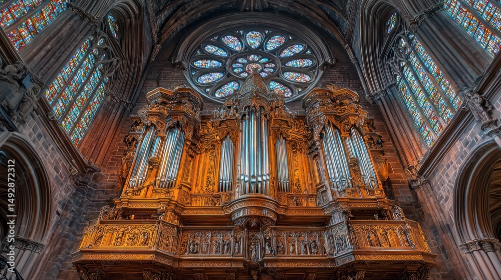 Fototapeta premium Grand pipe organ, stained glass, gothic cathedral