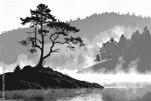 63 dramatic, moody, atmospheric, black and white, island, lone tree, rocky outcrop, mist, lake, tranquil, monochrome