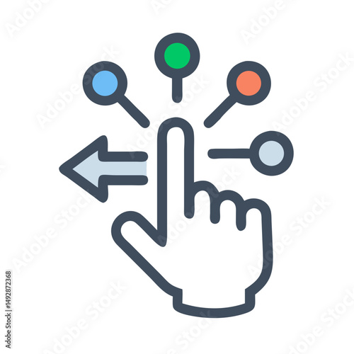 Hand with colored circles swiping left on a White Background